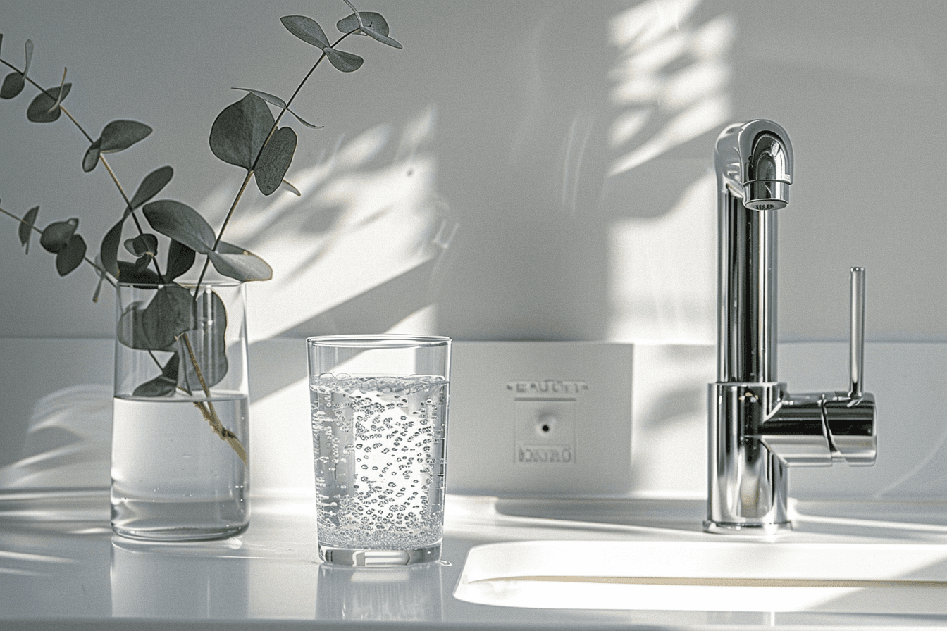 A cup of sparkling water and a clear vase with a plant next to a sink