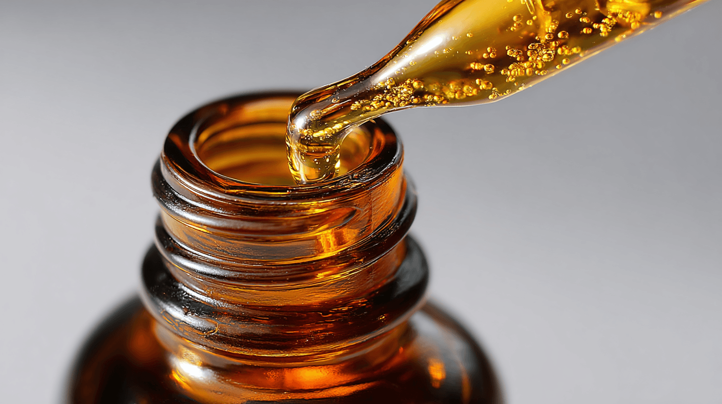 A dropper dropping light golden carrier oil into an amber dropper bottle