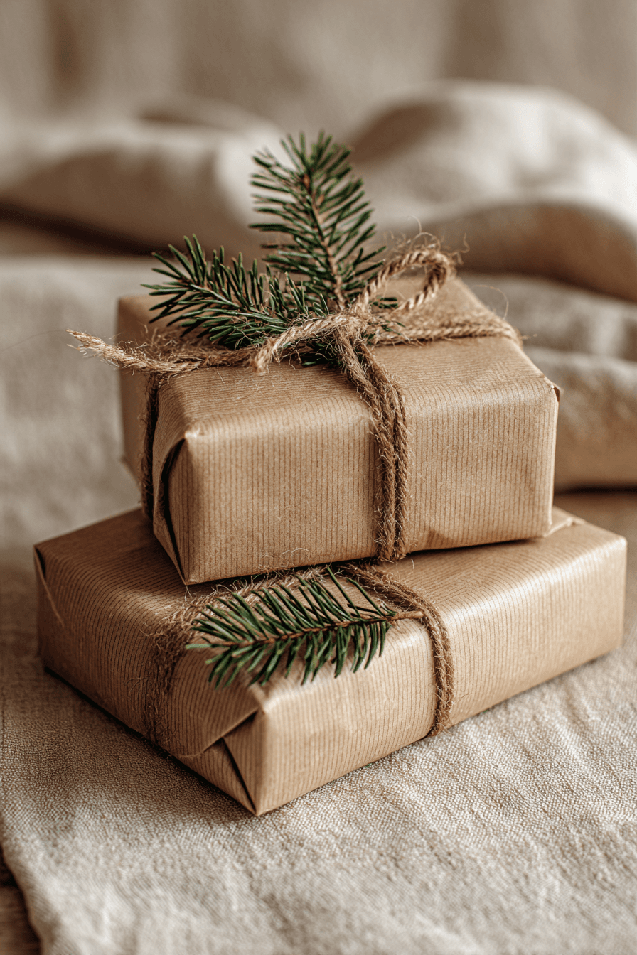 Two gifts wrapped in brown paper with some Christmas decor.