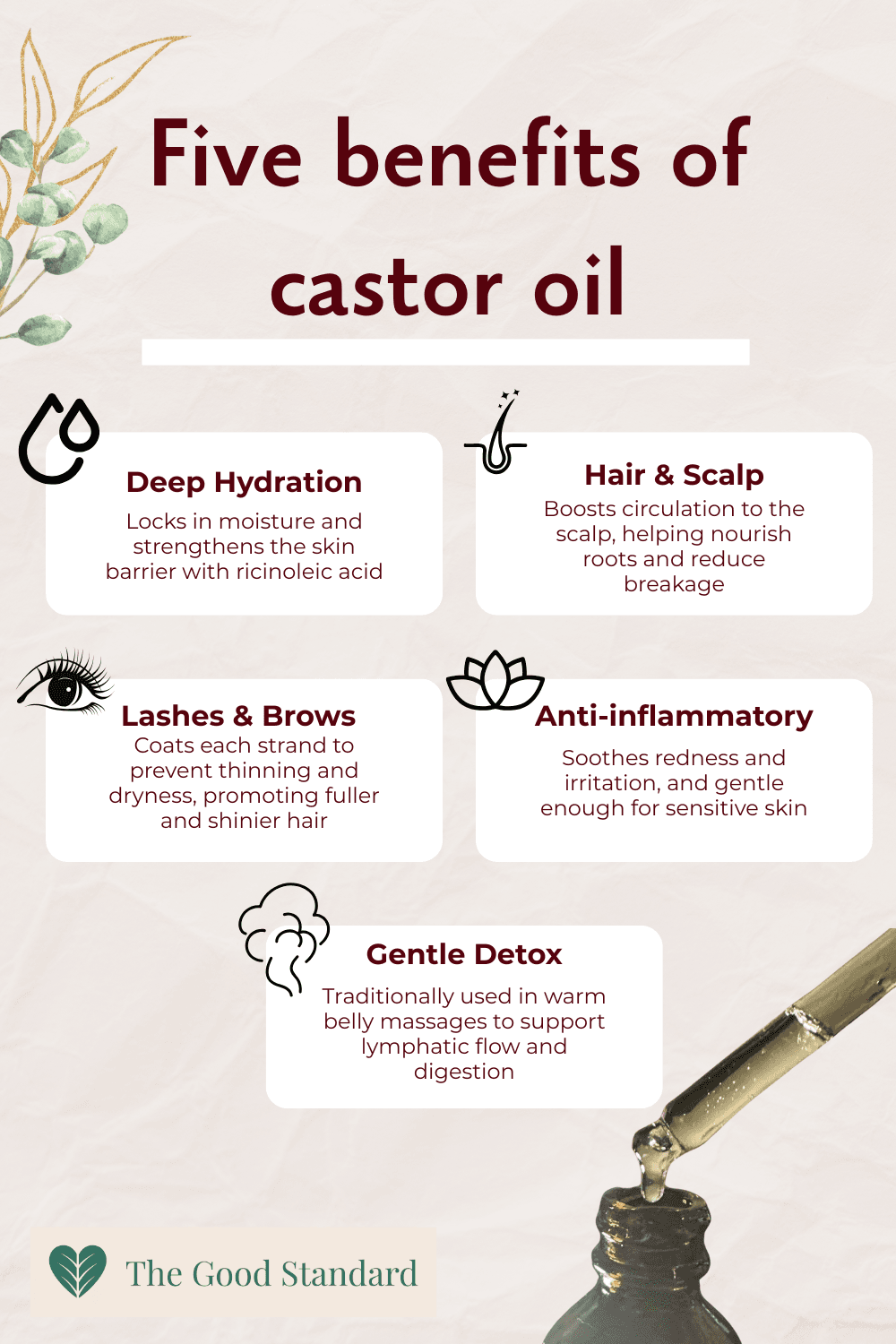 A infographic describing the five benefits of castor oil