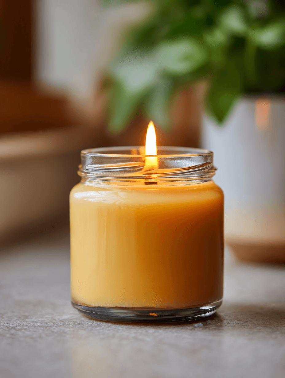 A beeswax candle in a glass jar on a counter