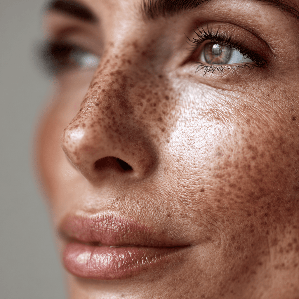 A close up shot of a woman with mild fine lines and hyperpigmentation