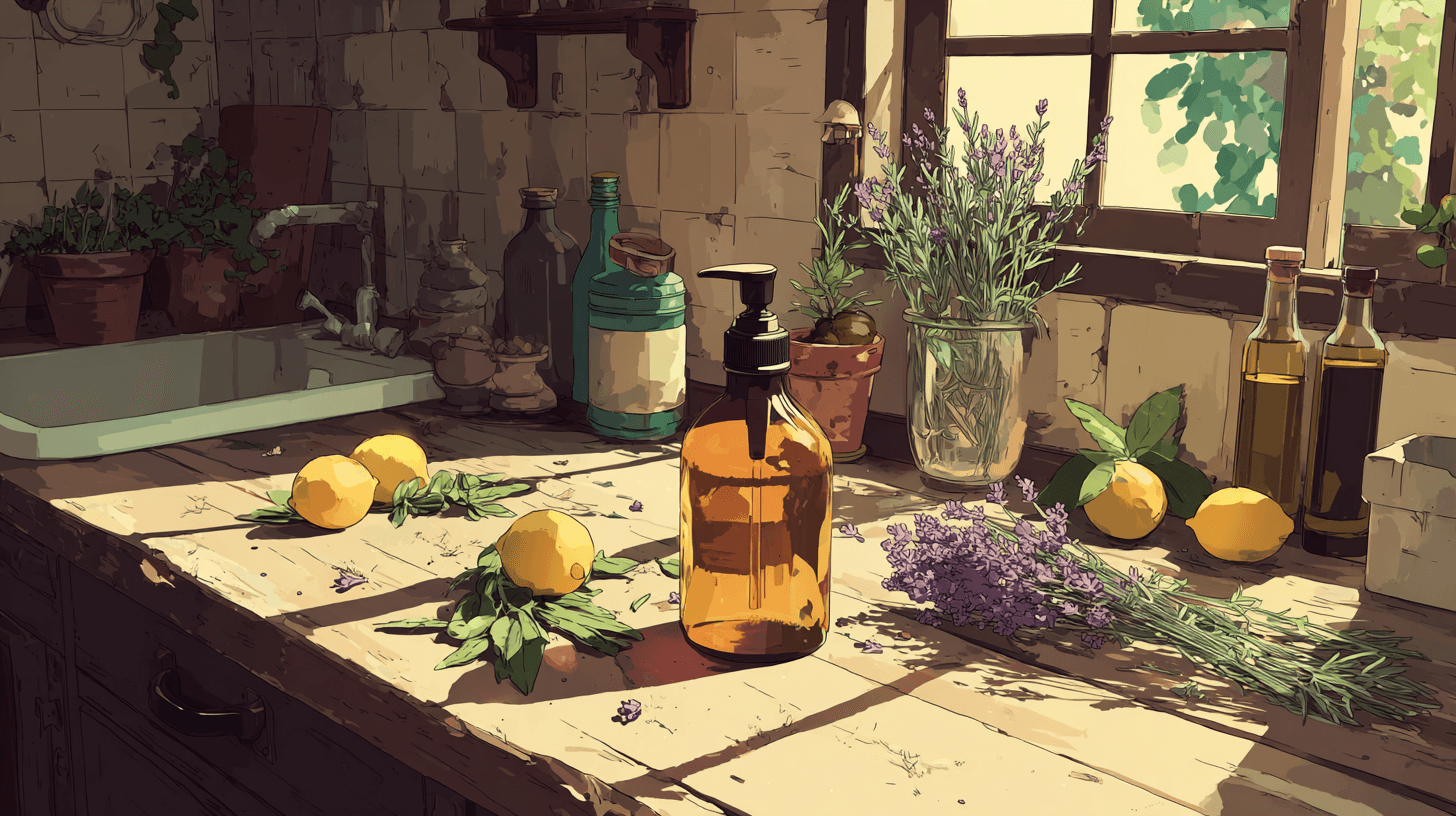 A rustic kitchen with bottles and herbs and an amber pump bottle filled with soap.