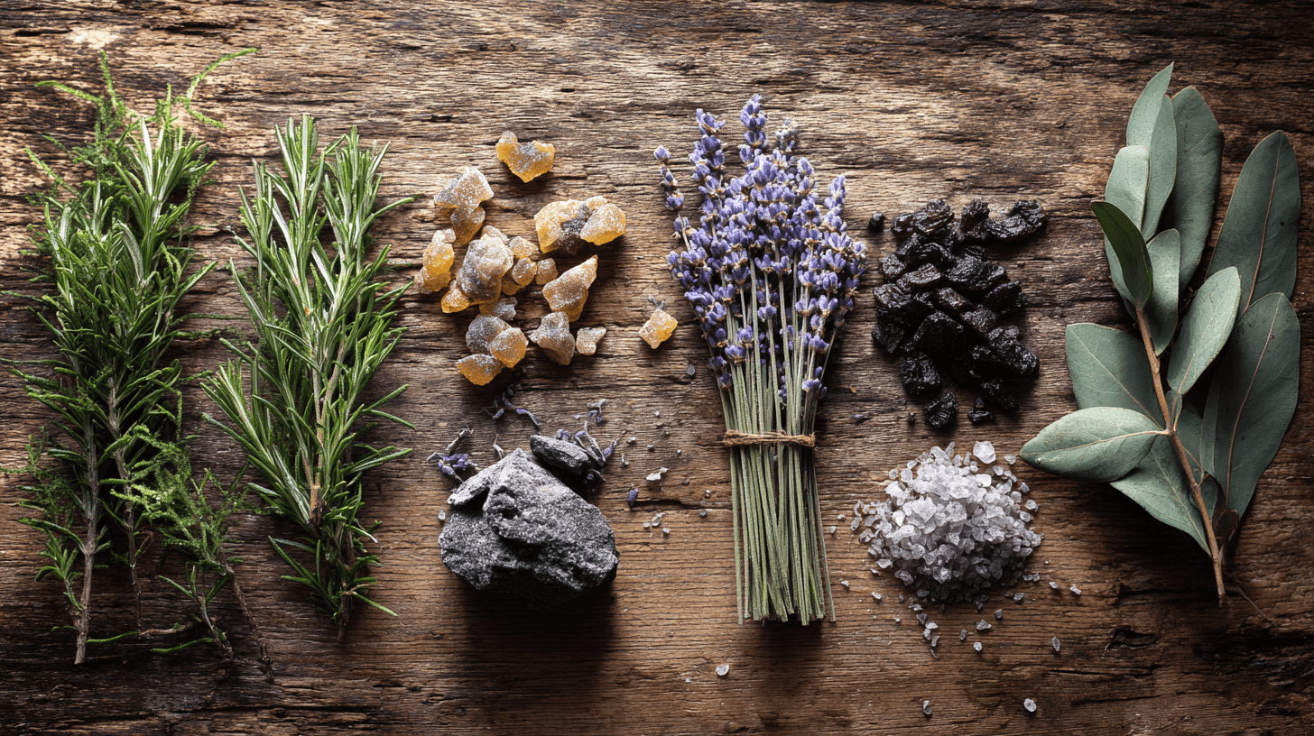 A flat lay of plants used to make essential oils. From left to right: rosemary, frankincense, myrrh, sea salt, and eucalyptus
