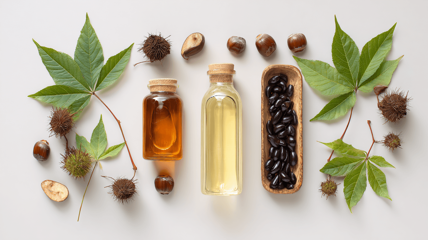 Castor plant leaves, seed pods, and glass bottles of golden castor oil arranged on a neutral background — showing the natural source of castor oil.