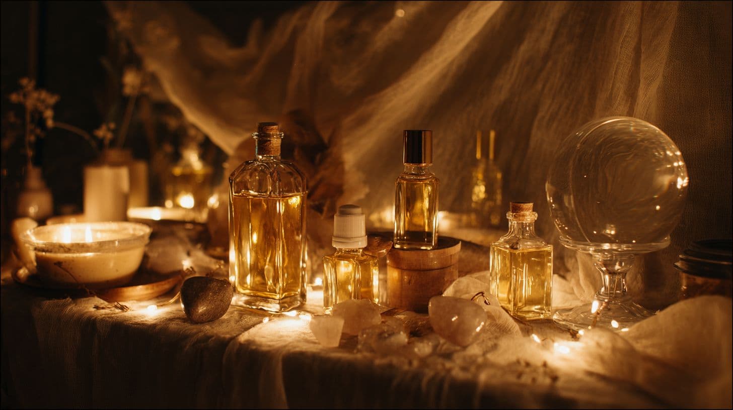 A few glass beauty supplies on a cloth table and a crystal ball
