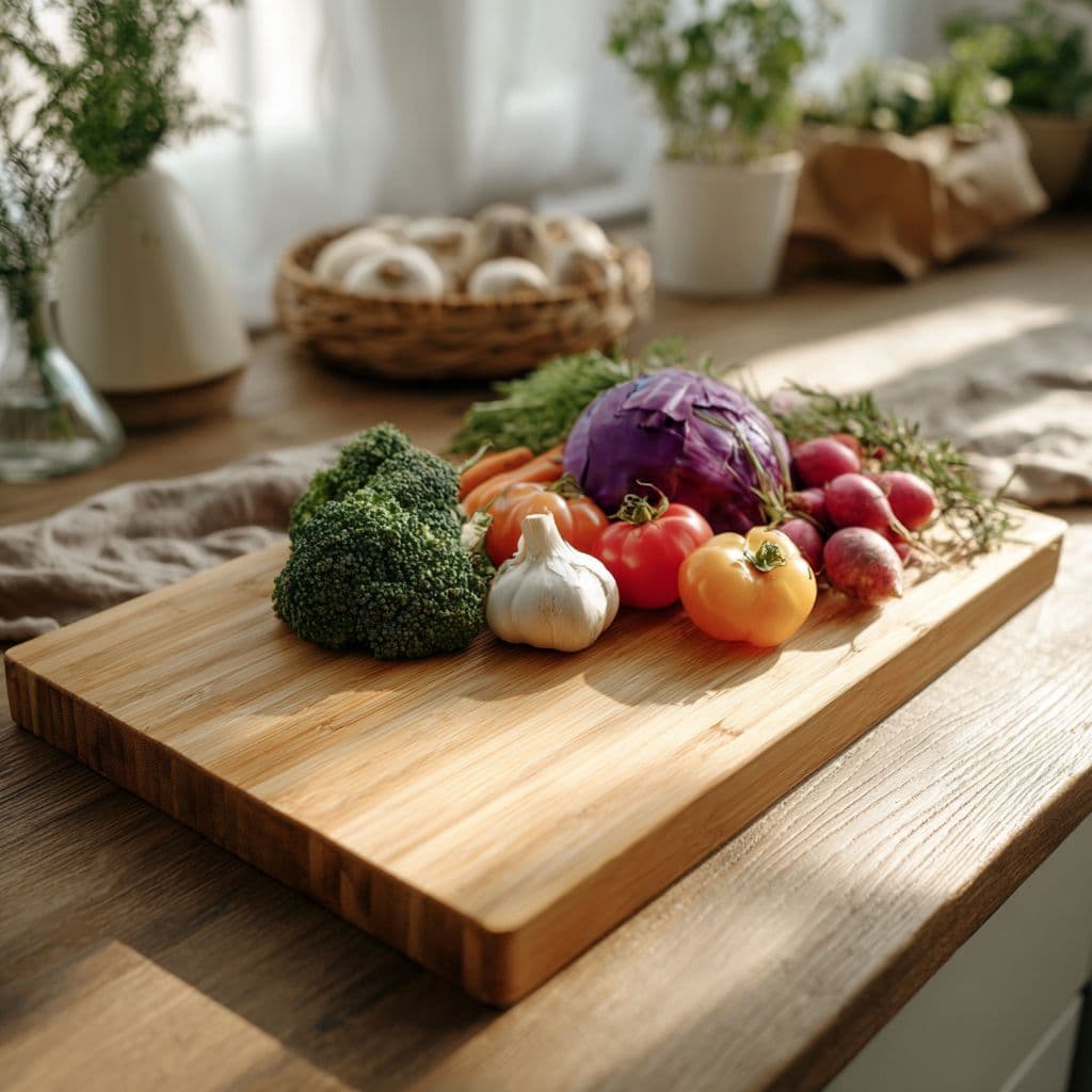 Bamboo cutting board with vegetables