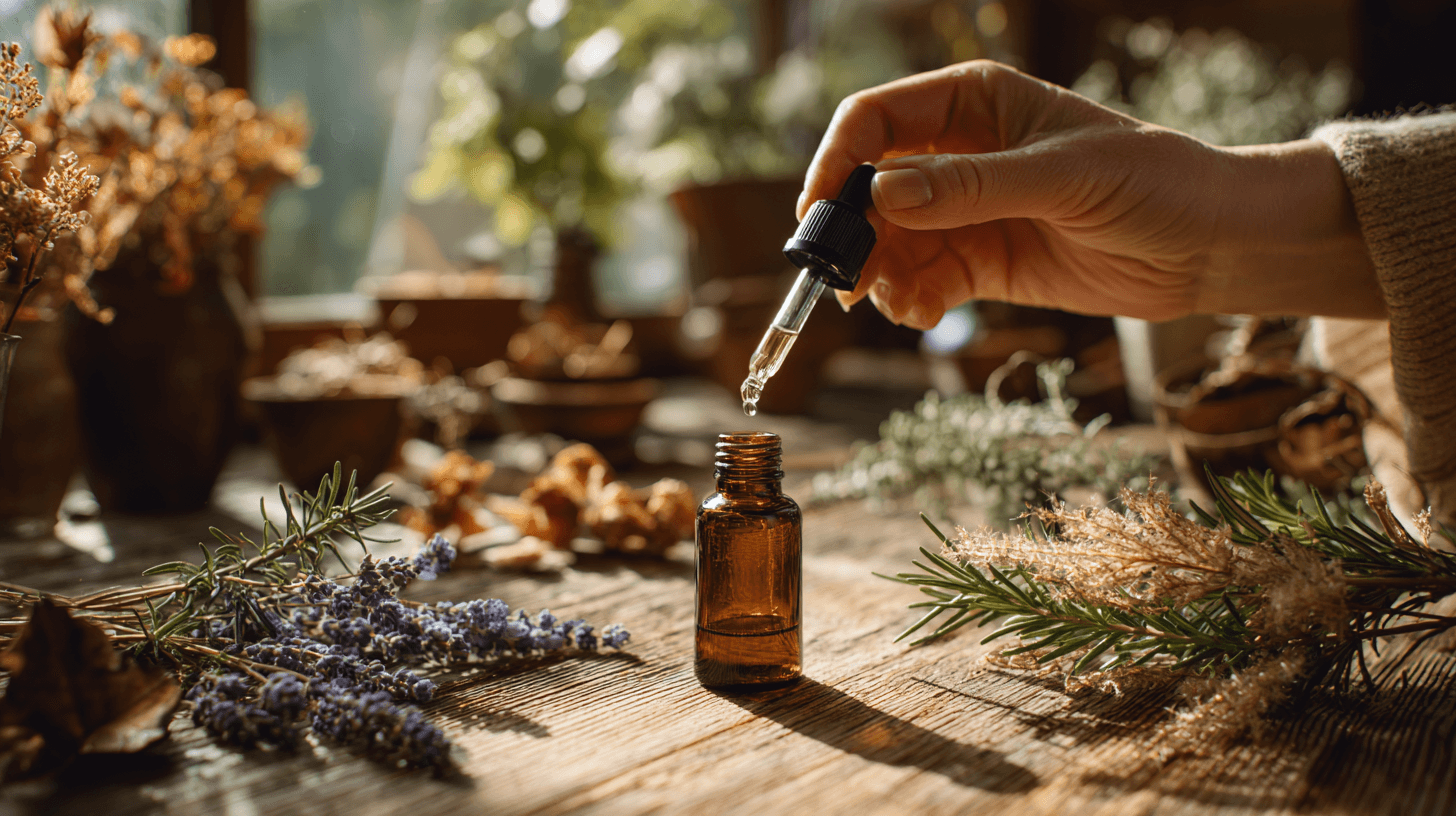 A hand mixing essential oils into a glass amber dropper bottle