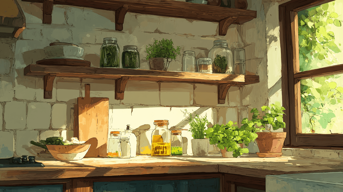 A warm kitchen countertop with sunlight streaming through