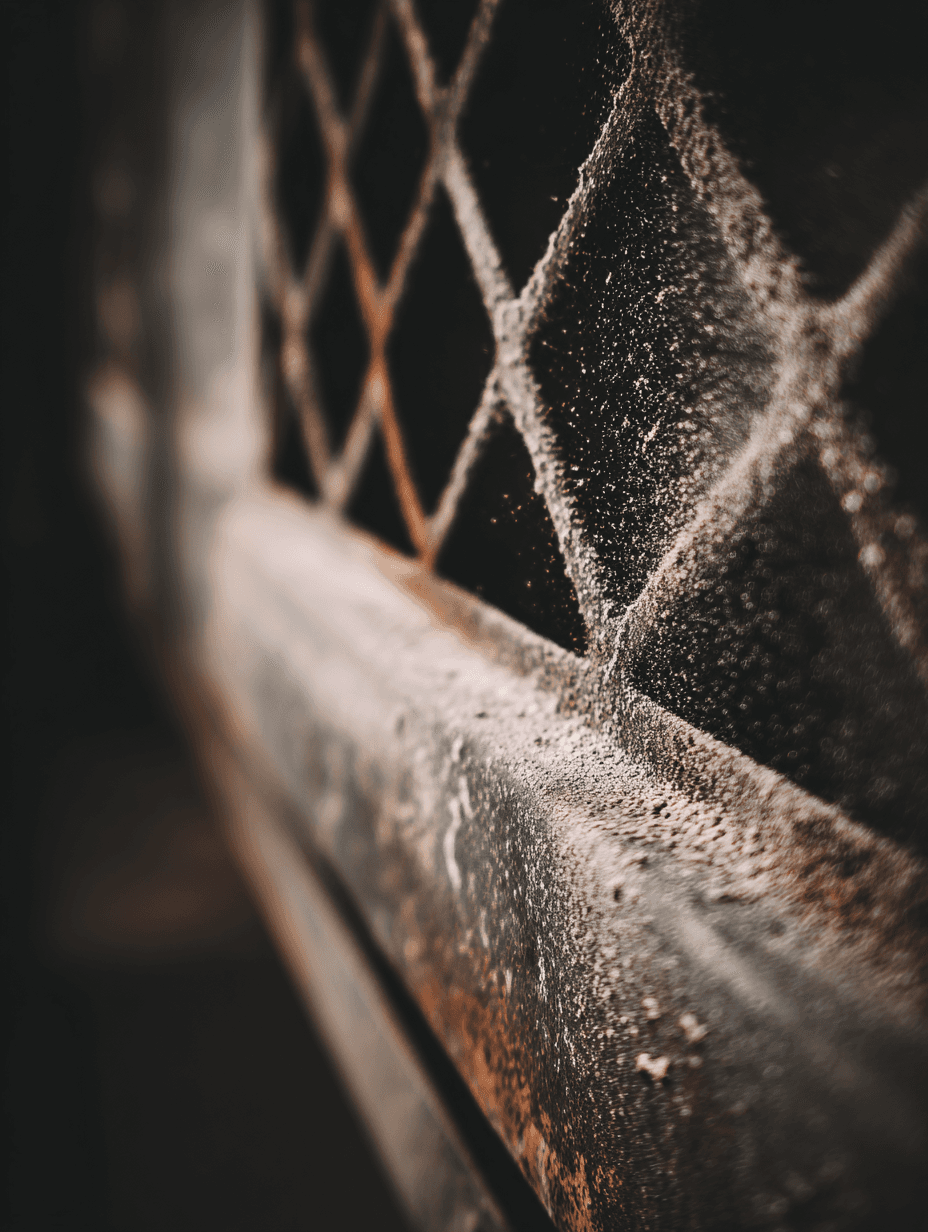 A close up of an air filter with dust covering the edges