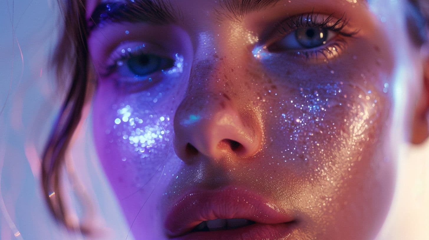 A close up shot of a girl with neon hues and glitter on her cheeks