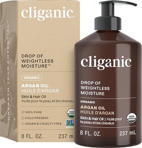 Cliganic Organic Argan Oil 8oz with Pump, 100% Pure - for Hair, Face & Skin