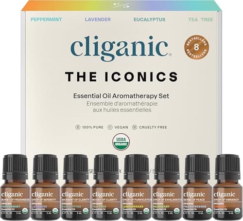 Cliganic Organic Aromatherapy Essential Oils Gift Set (Top 8 - The Iconics), 100% Pure - Peppermint, Lavender, Eucalyptus, Tea Tree, Lemongrass, Rosemary, Frankincense & Orange